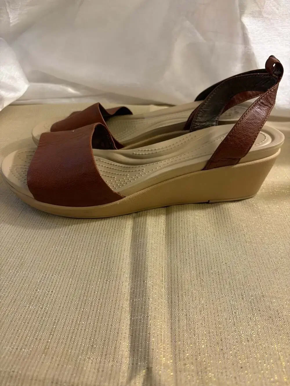 Crocs Brown Leather Slingback Wedge Sandals